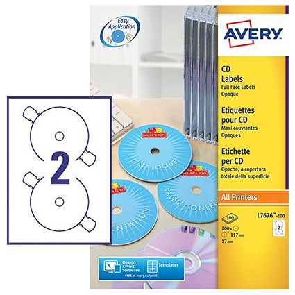 Avery Laser CD/DVD Labels, 2 per Sheet, 117mm Diameter, Black and White, L7676-100, 200 Labels ...
