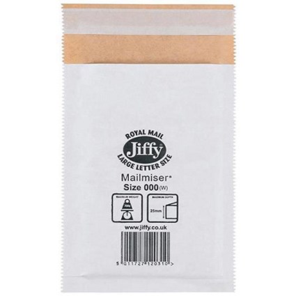 Jiffy Mailmiser No.000 Bubble-lined Protective Envelopes, 90x145mm, White, Pack of 150