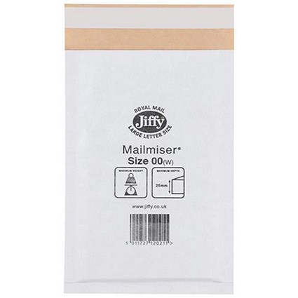 Jiffy Mailmiser No 00 Bubble-lined Protective Envelopes, 115x195mm, White, Pack of 100