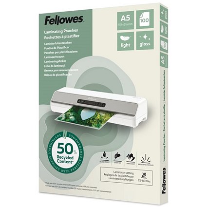 Fellowes A5 Recycled Laminating Pouches, 160 Microns, Glossy, Pack of 100