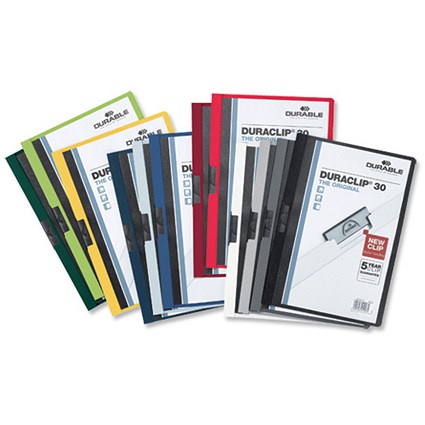 Durable Duraclip Folder PVC Clear Front 6mm Spine for 60 Sheets A4 Assorted [Pack 25]