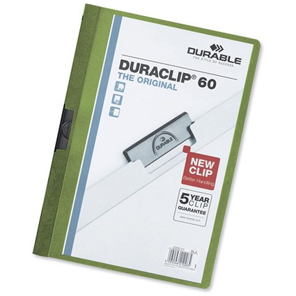 Durable Duraclip Folder PVC Clear Front 6mm Spine for 60 Sheets A4 Green [Pack 25]