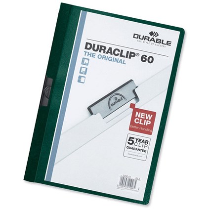Durable Duraclip Folder PVC Clear Front 6mm Spine for 60 Sheets A4 Petrol Green [Pack 25]