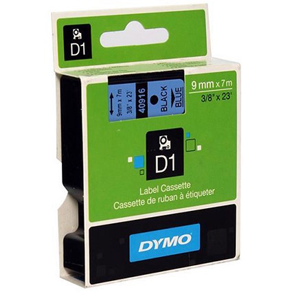 Dymo D1 Tape for Electronic Labelmakers 9mmx7m Black on Blue Ref 40916 S0720710
