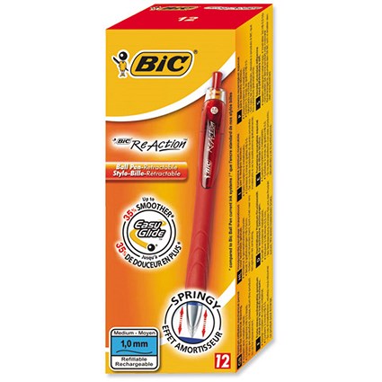 Bic ReAction Ball Pen Retractable Cushioned Grip 1.0mm Tip 0.4mm Line Red [Pack 12]