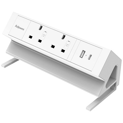 Fellowes Power Desk Type G Clamp Fit 2x230v 1xUSB-A 1x USB-C Socket 2m Cable White -