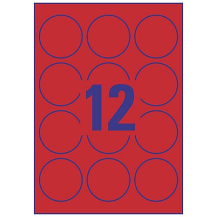 Avery Promotional Labels Laser Circular 12 per Sheet Dia.63.5mm Neon Red Ref L7670R-25 [300 Labels]