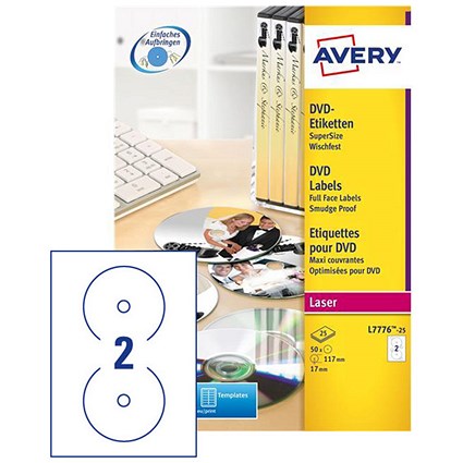 Avery Laser CD/DVD Labels, Colour 2 per Sheet, 117mm Diameter, DVD-safe Matt White, L7776-25, 50 Labels