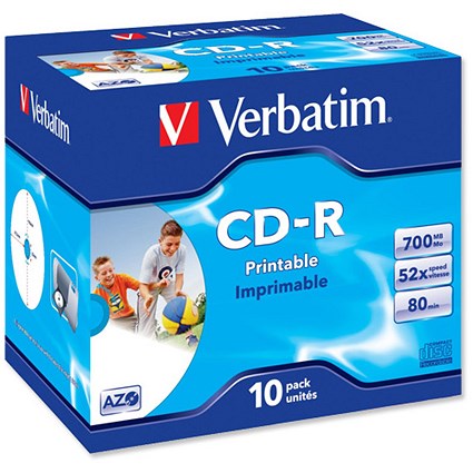 Verbatim CD-R Recordable Disk Inkjet Printable Cased 52x Speed 80min 700Mb [Pack 10]