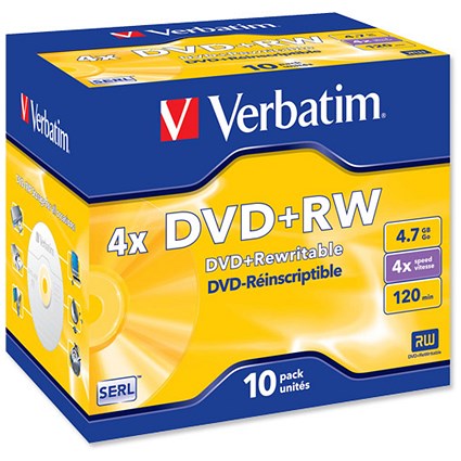 Verbatim DVD+RW Rewritable Disk Cased 4x Speed 120min 4.7Gb [Pack 10]