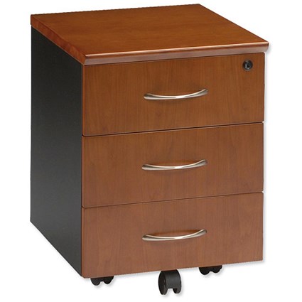 Emperial Standard Pedestal Mobile with Black Trim 3 Drawer W420xD500xH565mm Cherry Veneer