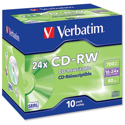 Verbatim CD-RW Rewritable Disk Cased 16x-24x Speed 80min 700Mb [Pack 10]