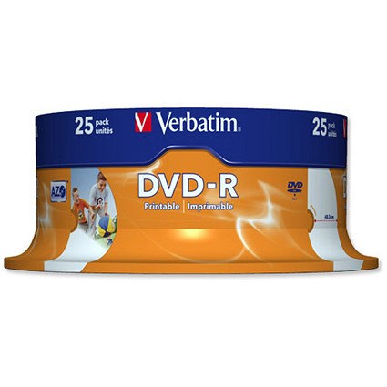 Verbatim DVD-R Recordable Disk Write-once Inkjet Printable Spindle 16x 120min 4.7Gb [Pack 25]