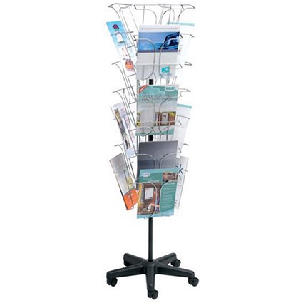 Display Stand Wire on Castors 3 Sides 21 x A4 Pockets Black/Chrome