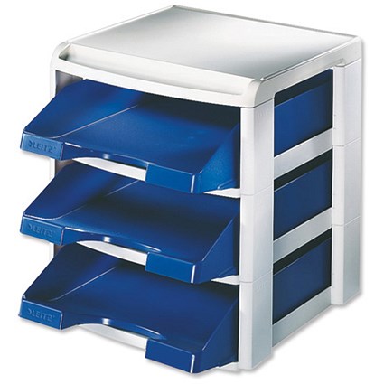 Leitz 5327 Letter Tray Rack with Coloured PLUS 2 Letter Tray Grey and Blue