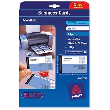 Avery Quick and Clean Business Cards Inkjet 260gsm 8 per Sheet Matt Coated [80 Cards]