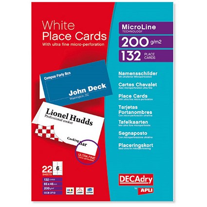 DECAdry Place Cards for Folding 200gsm 6 per A4 Sheet 85x46mm when Folded [Pack 132 Cards]