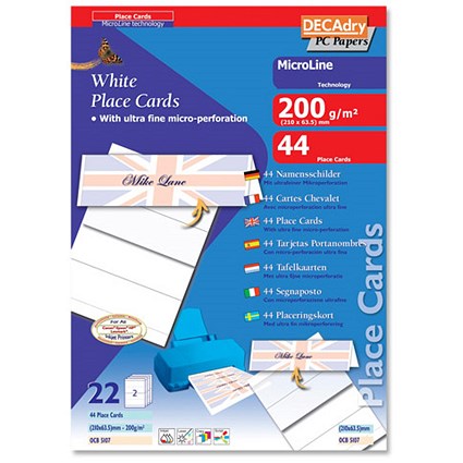 DECAdry Place Cards for Folding 200gsm 2 per A4 Sheet 210x63.5mm [Pack 44 Cards]