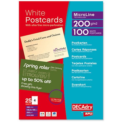 DECAdry Postcards 200gsm Microperforated 4 per A4 Sheet 148.5x105mm [Pack 100 Cards]