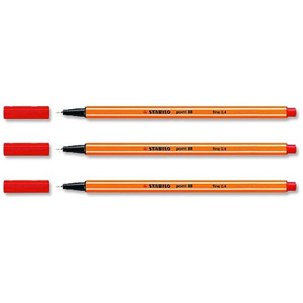 Stabilo Point 88 Fineliner Pen Water-based 0.8mm Tip 0.4mm Line Red [Pack 10]