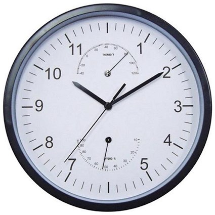 5 Star Facilities Weather Wall Clock w/Temperature & Hygrometry Dials Diam. 300mm White Face & Black Case
