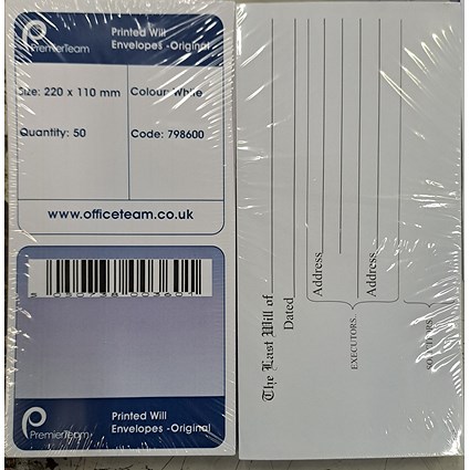 PremierTeam DL Original Will Envelope, 120gsm, Pre-Printed (Pack of 50)