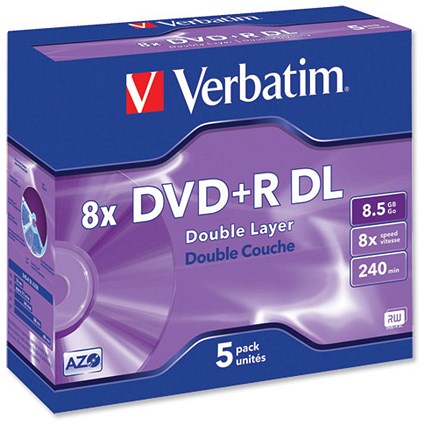 Verbatim DVD+R Recordable Disk Double Layer Write-once Cased 8x 240min 8.5Gb [Pack 5]