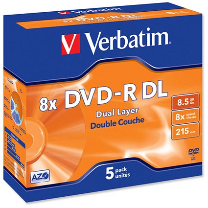 Verbatim DVD-R Recordable Disk Double Layer Write-once Cased 8x 215min 8.5Gb [Pack 5]