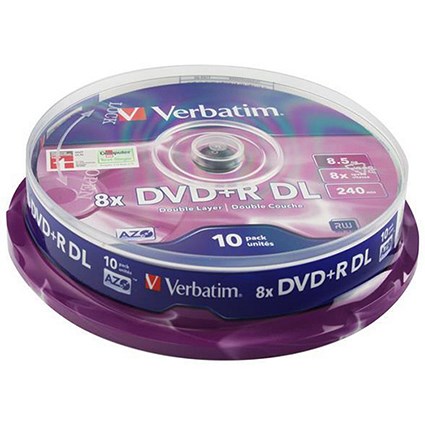Verbatim DVD+R Recordable Disk Double Layer Write-once Spindle 8x 240min 8.5Gb [Pack 10]