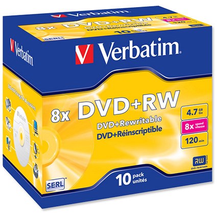 Verbatim DVD+RW Rewritable Disk Cased 8x Speed 120min 4.7Gb [Pack 10]
