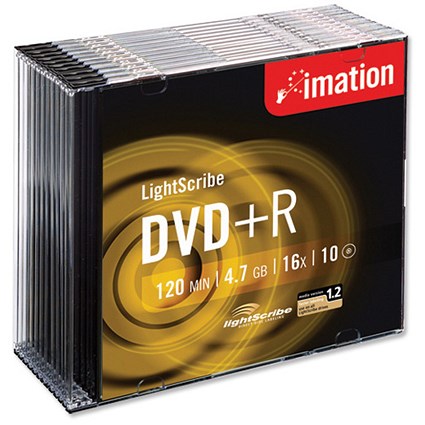 Imation DVD+R Recordable Disk Write Once Cased Lightscribe 16x Speed 120min 4.7Gb [Pack 10]