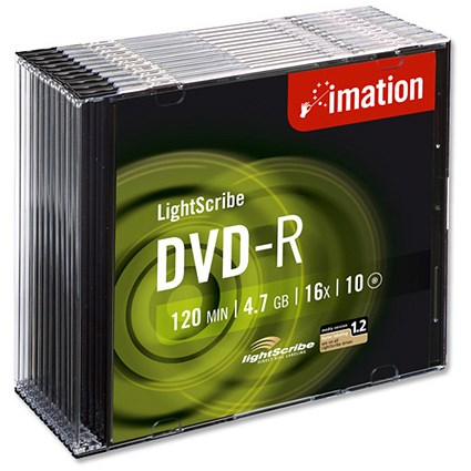 Imation DVD-R Recordable Disk Write Once Cased Lightscribe 16x Speed 120min 4.7Gb [Pack 10]