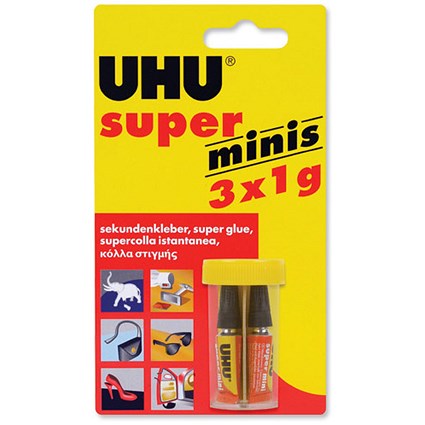 UHU Super Glue Minis Fast-acting High-strength Adhesive in Tubes 1g [Pack 3]