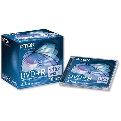 TDK DVD+R Recordable Disk Write-once Cased 16x Speed 120min 4.7Gb [Pack 10]