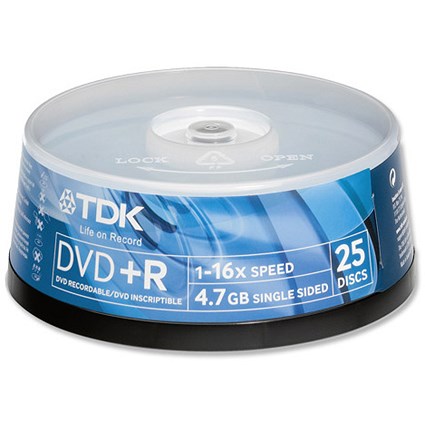 TDK DVD+R Recordable Disk Write-once Spindle 16x Speed 120min 4.7Gb [Pack 25]