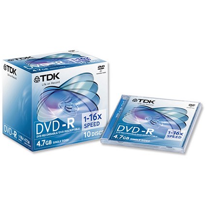 TDK DVD-R Recordable Disk Write-once Cased 16x Speed 120min 4.7Gb [Pack 10]