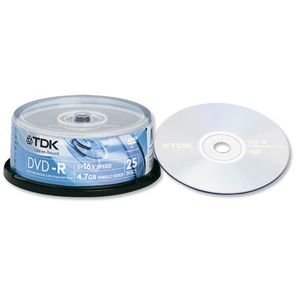 TDK DVD-R Recordable Disk Write-once Spindle 16x Speed 120min 4.7Gb [Pack 25]