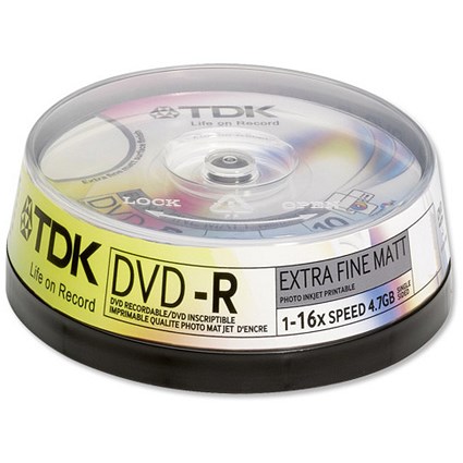 TDK DVD-R Recordable Disk Write-once Inkjet Print Spindle 16x 120min 4.7Gb [Pack 25]