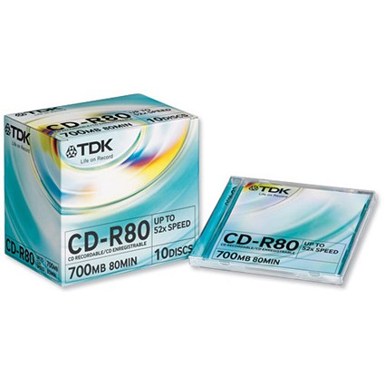 TDK CD-R Recordable Disk Write-once Cased 52x Speed 80min 700Mb [Pack 10]