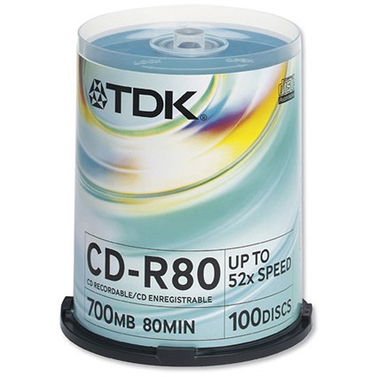 TDK CD-R Recordable Disk Write-once on Spindle 52x Speed 80min 700Mb [Pack 100]