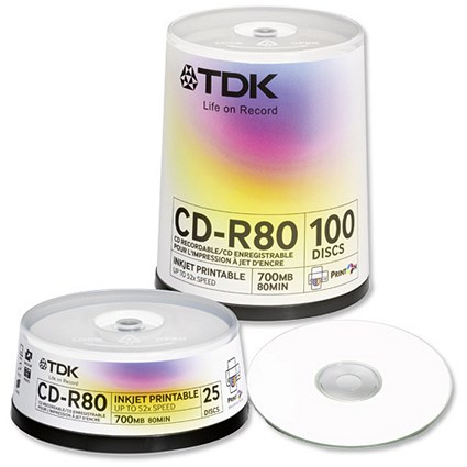 TDK CD-R Recordable Disk Write-once Inkjet Print Cased 52x Speed 80min 700Mb [Pack 50]