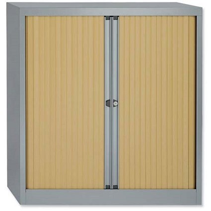 Trexus Medium Side Opening Tambour Cupboard, 1000mm High, Beech Shutters, Silver Frame