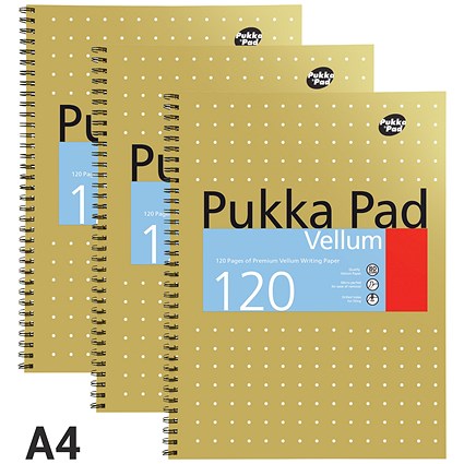 Pukka Pad Vellum Wirebound Notebook, A4, Ruled & Perforated, Margin, 120 Pages, Pack of 3