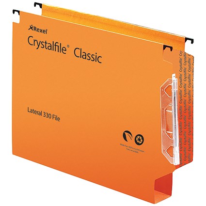 Rexel CrystalFile Extra Lateral Files, Plastic, 330mm Width, 30mm Square Base, Orange, Pack of 25