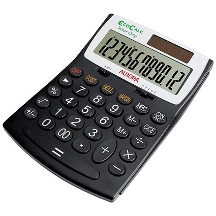 Aurora EcoCalc Desktop Calculator, 12 Digit, 3 Key, Recycled, Solar Power, Black