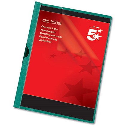 5 Star Clip Folder 6mm Spine for 60 Sheets A4 Green [Pack 25]