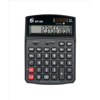 5 Star Calculator Desktop, Solar/Battery Power, 12 Digit, Black