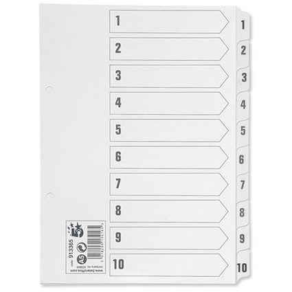 5 Star Index 230 micron Card with Clear Mylar Tabs 1-10 A5 White