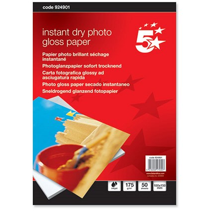 5 Star Inkjet Photo Gloss Fast Drying Photo Paper, 100 x 150mm, White, 175gsm, Pack of 50 Sheets