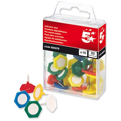5 Star Indicator Pins, 20mm Head, Assorted Colours, Pack of 10